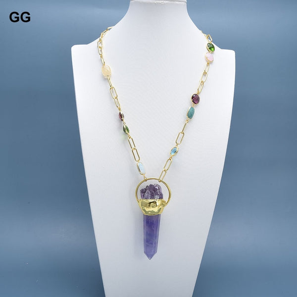 Jewelry Aquamarine Citrine Amazonite Crystal Chain Necklace Amethyst point Raw Pendant