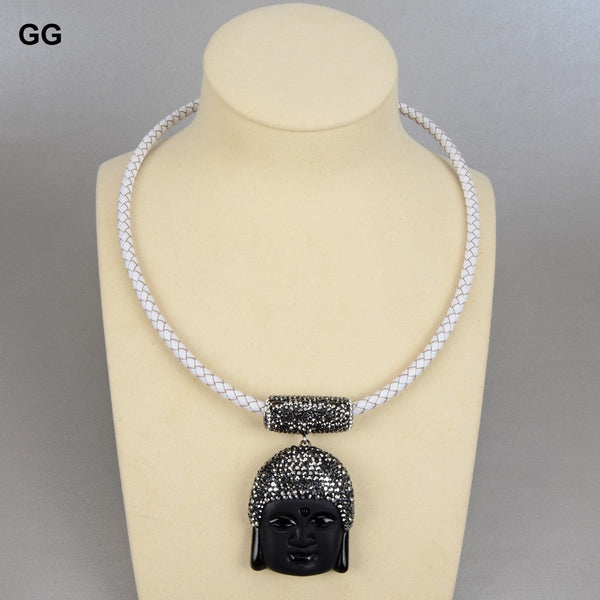 Jewelry Black Jasper Buddha Pendant White Leather Necklace For Women