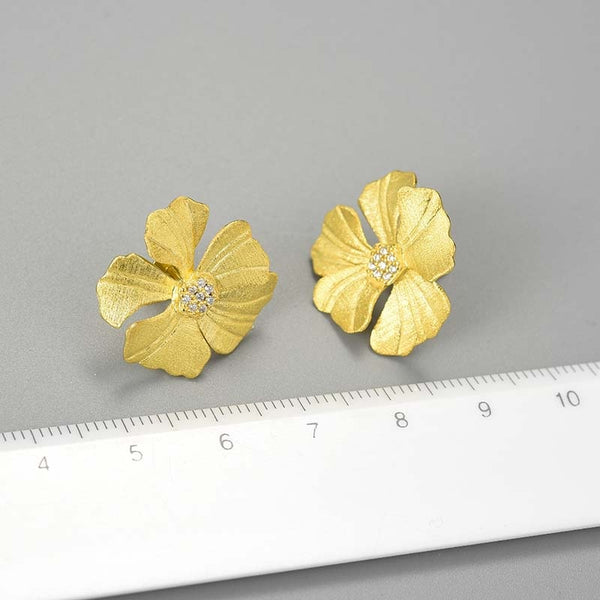 Real 925 Sterling Silver Natural Zircon Elegant Big Peony Flower Stud Earrings for Women 18K Gold Statement Jewelry