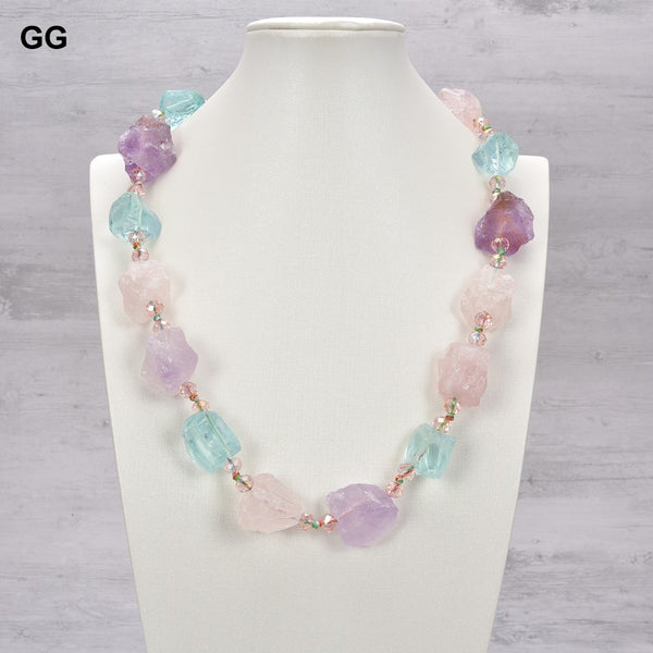 Jewelry Natural Stone Semi-Precious Amethysts Rose Quartzs Blue Quartzs Nugget Rough Necklace Fashion Lady Jewelry