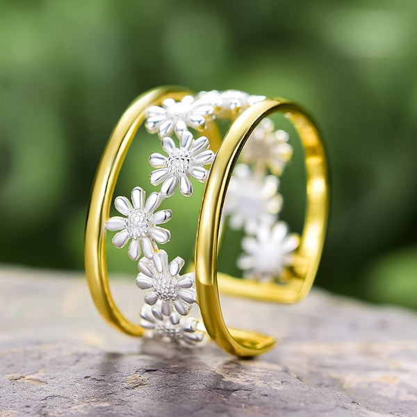 Elegant Little Daisy Flower Adjustable Rings for Women Real 925 Sterling Silver Luxury 18K Gold Jewelry 2022 Trend New