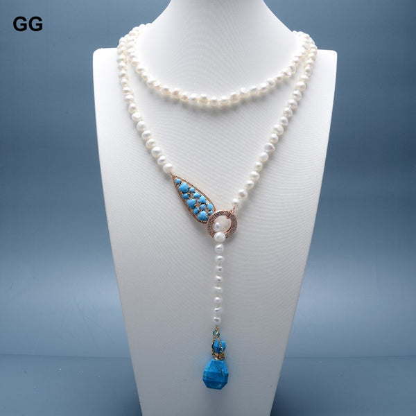 Jewelry Natural White Potato Freshwater Pearl CZ Turquoise Blue Connector Chain Necklace Real Blue Turquoises Pendant