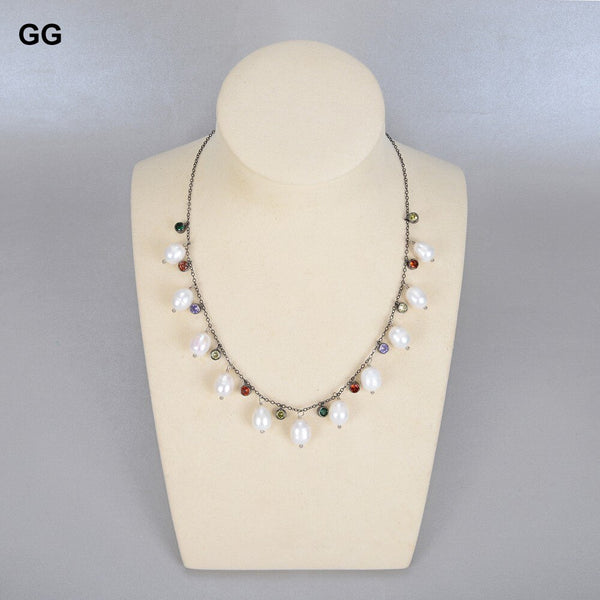 Jewelry Freshwater White Rice Pearl Multi Color Cz Pave Gunmetal Color Plated Chain Necklace For Women Charm Jewelry