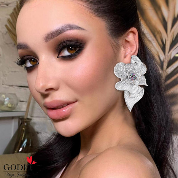 Luxury Big  Flower Blossom Cubic Zirconia Drop Earrings for Women Fashion Engagement Party Jewelry pendientes mujer moda