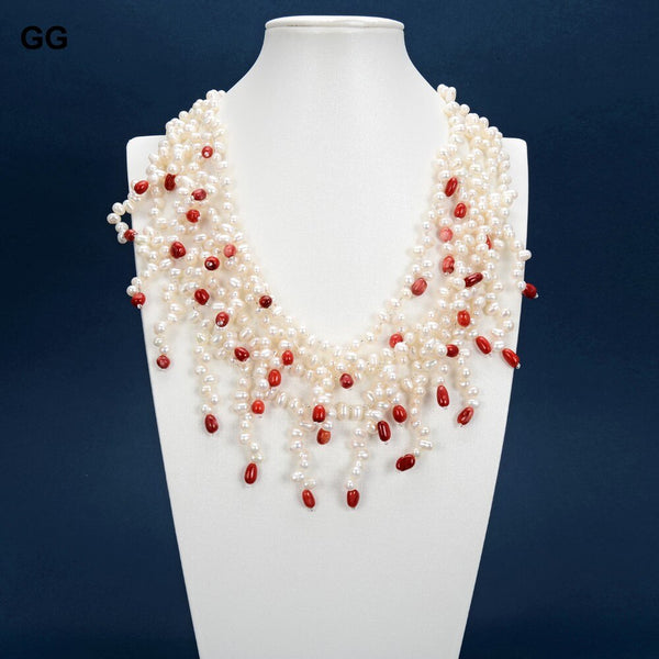 Jewelry  4 Rows Natural White Rice Pearl Red Coral Freedom Nugget Necklace For Women