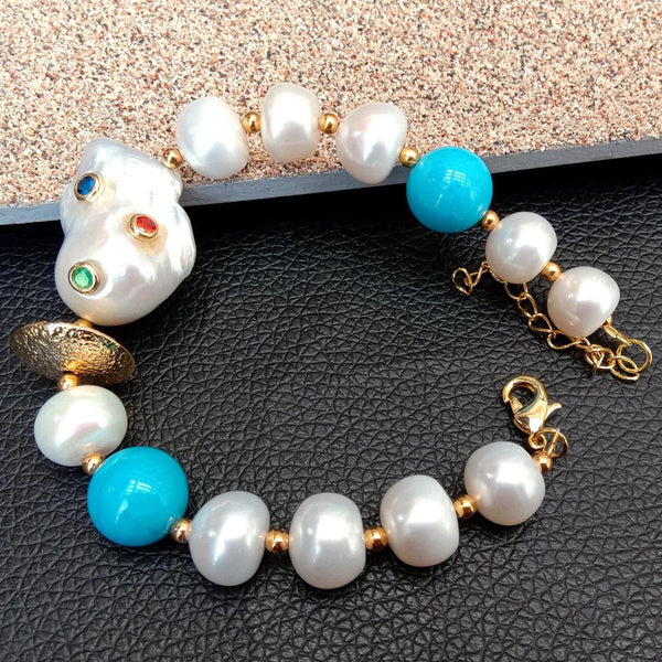 White freshwater Pearl Blue howlite big reborn Keshi Pearl Cz pave Beaded Bracelet Extender 8&#39;&#39; gold color plated clasp