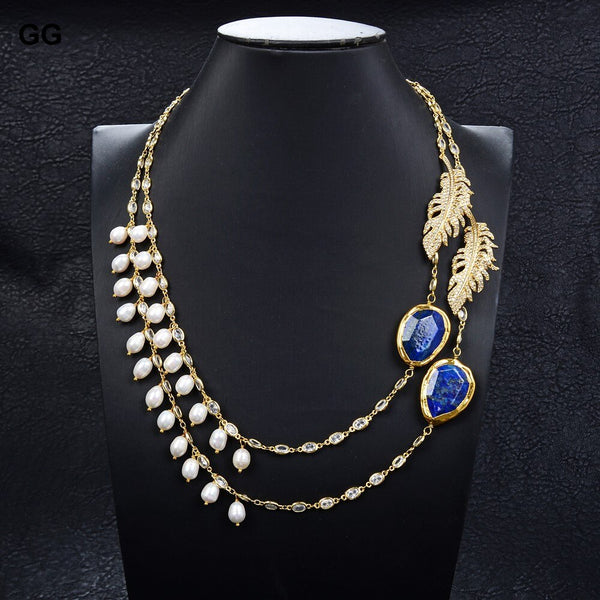 Jewelry Freshwater White Rice Pearl Lapis Chain Necklace CZ Pave Connector