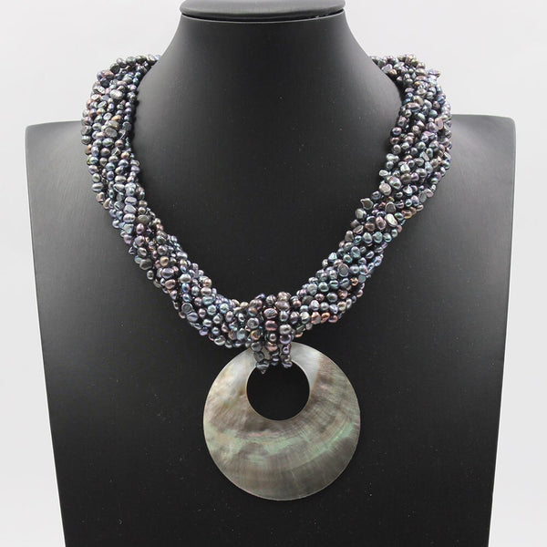 Jewelry 10 Strands Black Keshi Pearl Necklace Black Sea Shell Circle Pendant Handmade For Women