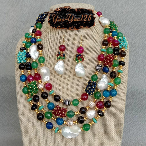 White Keshi Pearl Agates Jades Turquoises Cz Necklace Earrings Set