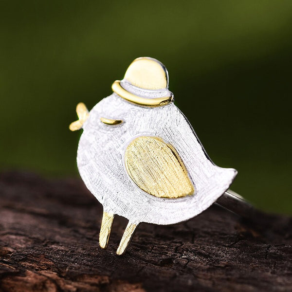 Real 925 Sterling Silver Natural Creative Handmade Designer Fine Jewelry Cute Gentleman Bird Rings for Women Bijoux