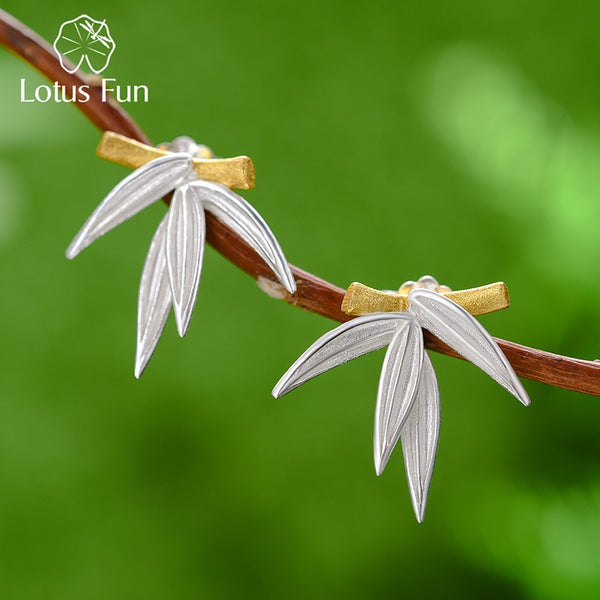 Lotus Fun Unusual Fresh Bamboo Leaves Stud Earrings for Women Real 925 Sterling Silver Original Modern Jewelry 2022 Trend New