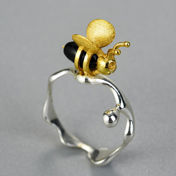Natural Gemstone 18K Gold Bee and Dripping Honey Rings Real 925 Sterling Silver Rings for Women Handmade Fine Jewelry