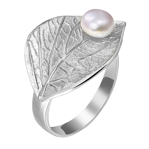 Real 925 Sterling Silver Natural Pearl Handmade Designer Fine Jewelry Creative Open Ring Leaf Rings for Women Bijoux