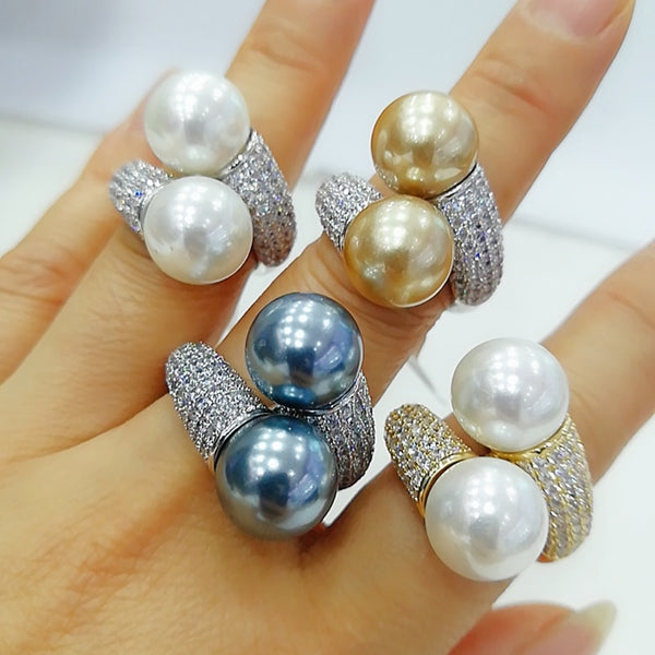 Trendy Round Pearl Statement Rings for Women Cubic Zircon Finger Rings Beads Charm Ring Bohemian Beach Jewelry