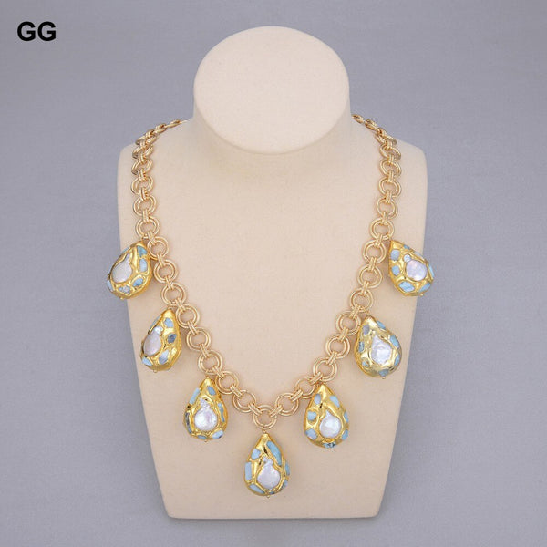 Jewelry Blue Larimars Chips Gold Color Plated Link Chain Festoon White Coin Freshwater Pearl Pendant Necklace For Women