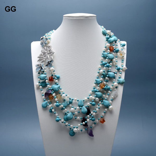 Jewelry 6 Strands Pearl Blue Turquoises Red Carnelian Agates Amethyst Real Gems Necklace For Women CZ Flower Connector