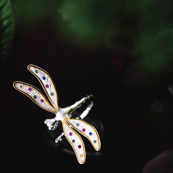 Real 925 Sterling Silver Handmade Fine Jewelry Multicolor Zirconia Beautiful Dragonfly Design Rings For Women