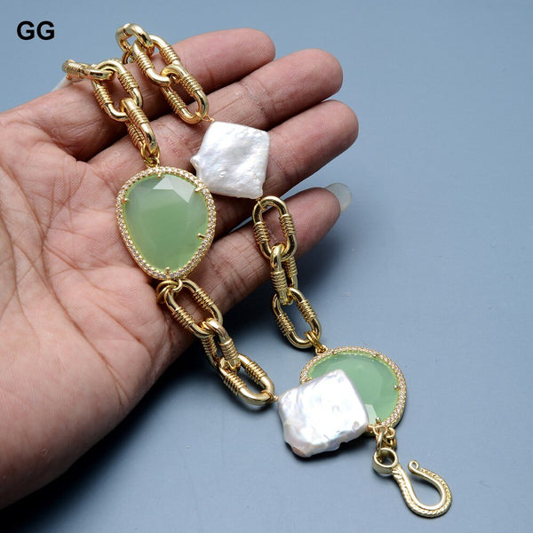 GG Jewelry Natural White Pearl Cultured White Rectangle Keshi Pearl Cz Bezel Set Green Crystal Gold Chain Bracelet For Women