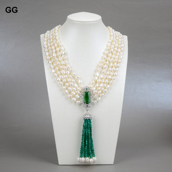 White Baroque Pearl with Green Agates and CZ Pendant Necklace