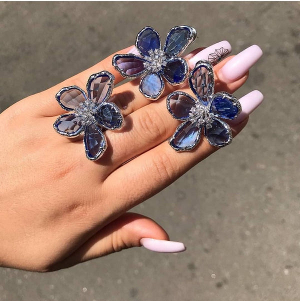 Luxury Flower Blue Crystal Jewelry Set For Women Wedding Necklace Earring Set Cubic Zircon Dubai Bridal jewelry Set 2020