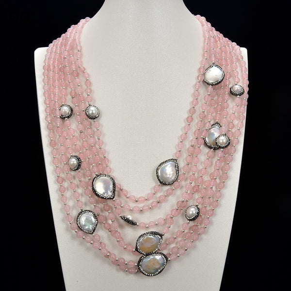 Jewelry Beautiful 7 Strands Natural White Pearl Rose Quartzs CZ Necklace Bracelet Sets For Women