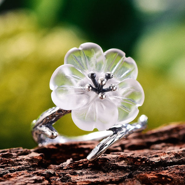 Real 925 Sterling Silver Natural Crystal Fine Jewelry Flower in the Rain Ring Open Rings for Women Female Bijoux Gift