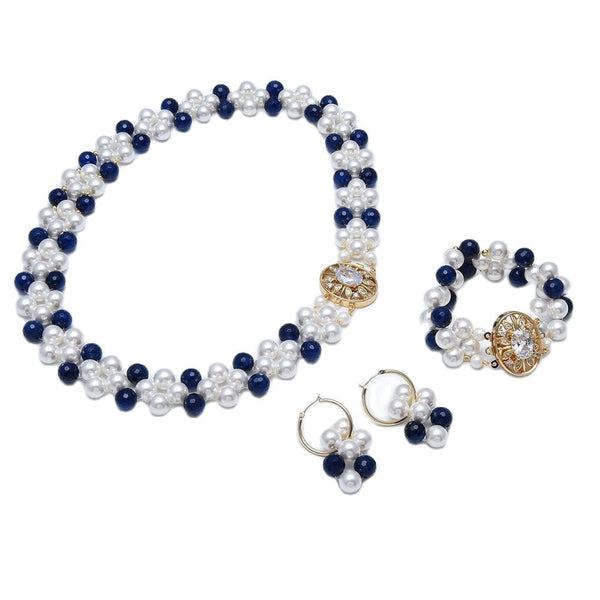 Jewelry Natural White Shell Pearl Faceted Blue Agates Necklace Bracelet Earrings Sets Handmade For Women