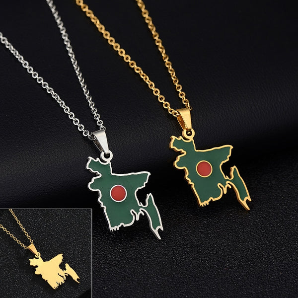 Bangladesh Map Flag Pendant Necklaces Gold/Steel Color for Women Girls Stainless Steel Bangladeshi Maps Jewelry Bengali Gift