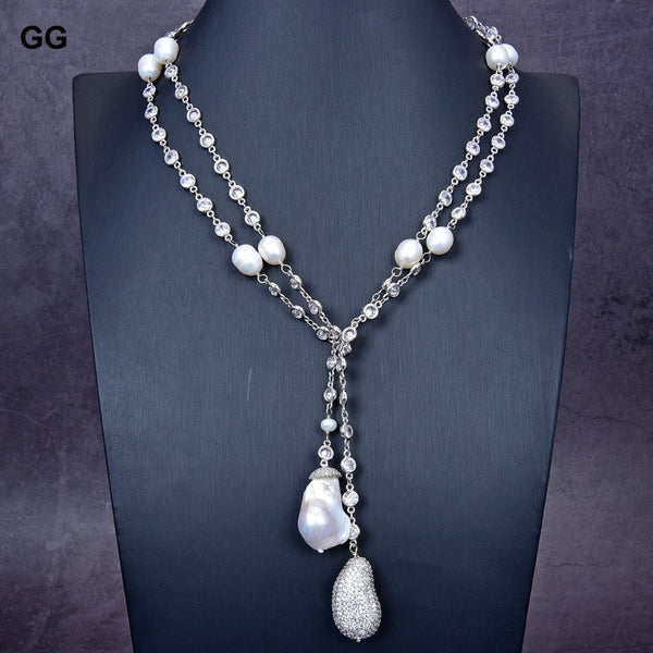 Jewelry White Keshi Pearl Cz Pave White Gold Plated Chain Long Necklace