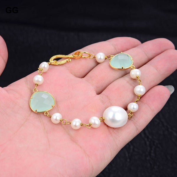 GG Jewelry 8'' Natural White Baroque Pearl Blue Crystal Bracelet