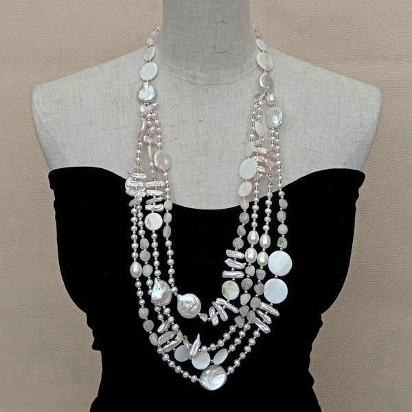 Natural multi shape Freshwater Pearl white coin shell Moonstone  freeform Shell statement Necklace