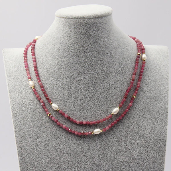 Jewelry Natural Faceted Red Tourmaline Cultured white rice Pearl Necklace 17.5&quot; Handmade For Women