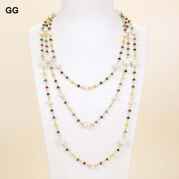 Jewelry  Multi Color 4mm Faceted Mix-color Jade 10mm White keshi Pearl Necklace