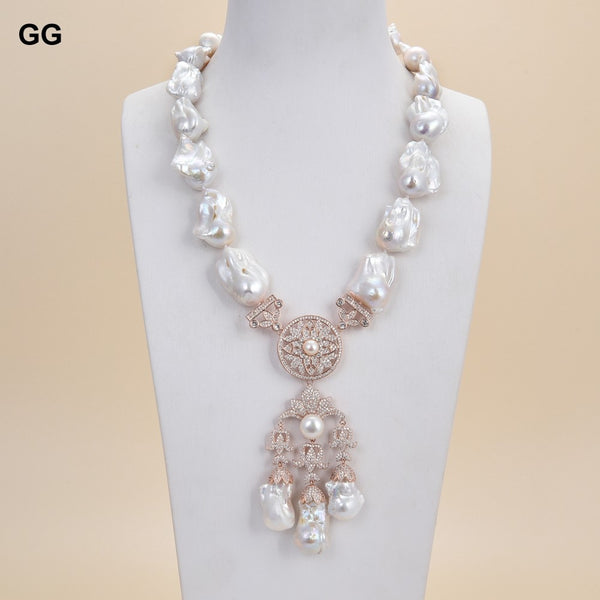 Natural White Keshi Pearl CZ Pave Necklace Earrings Sets