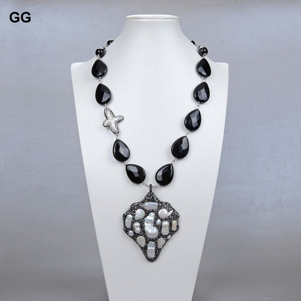 Jewelry Natural Gemetric Black Onyx White Keshi Pearl Necklace CZ Pave Pearl Pendant Necklace For Women