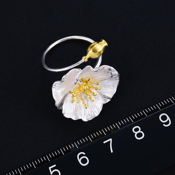 925 Sterling Silver Adjustable Ring Handmade Designer Fine Jewelry Blooming Poppies Flower Rings for Women Bijoux