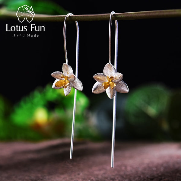 Lotus Fun Real 925 Sterling Silver Natural Original Handmade Fine Jewelry Cute Blooming Flower Fashion Drop Earrings for Women