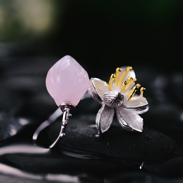 Real 925 Sterling Silver Natural Rose Quartz Handmade Fine Jewelry Flower Ring Lotus Whispers Rings for Women Bijoux