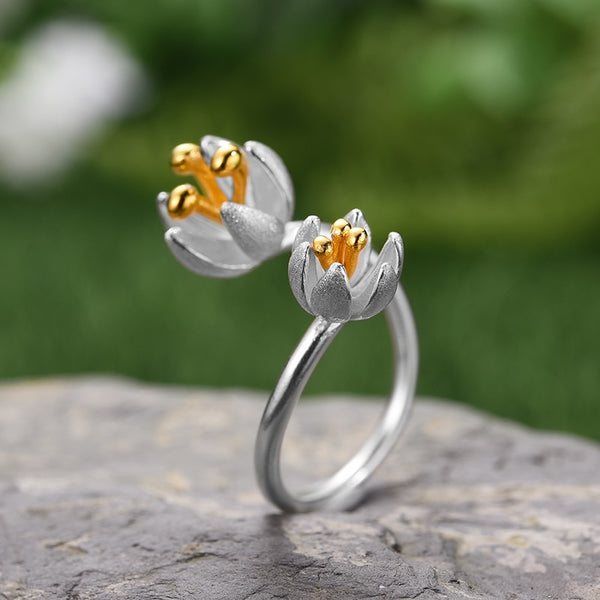 Real 925 Sterling Silver Natural Handmade Designer Fine Jewelry Adjustable Fresh Blooming Flower Rings for Women