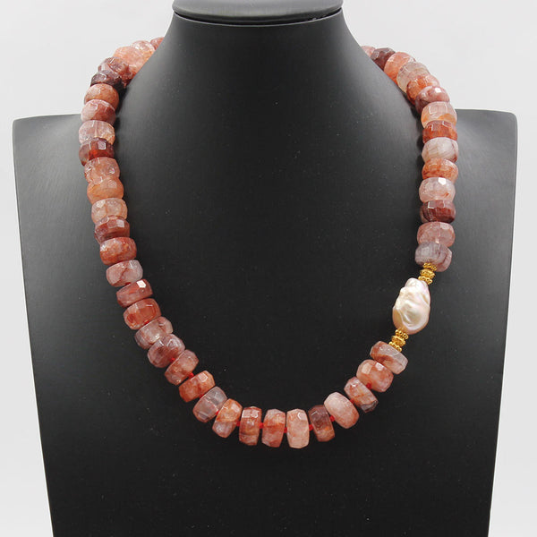 Jewelry Natural Lepidocrocite Quartzs Faceted Rondelle Pink Keshi Pearl Necklace Handmade For Women