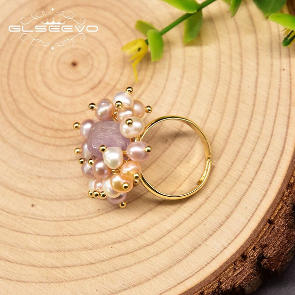 Natural Irregular Purple Crystal Finger Ring Adjustable Elegant Women Wedding Anniversary Gift Pearl Jewelry GR0274