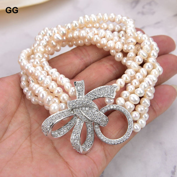 GG Jewelry 8" 6 Strands White Freshwater Pearl Bracelet CZ Clasp