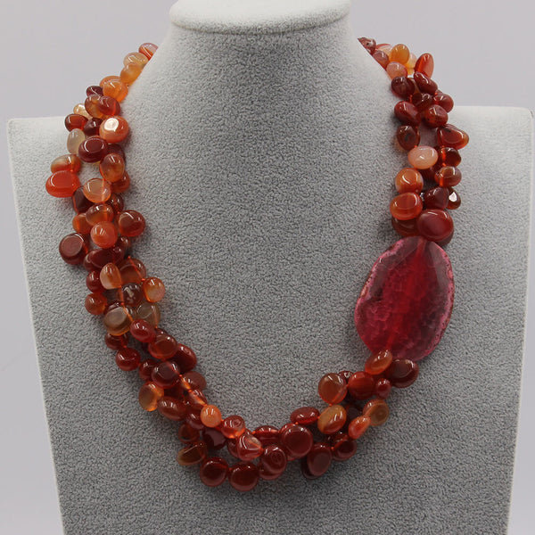 Jewelry 3 Rows Natural Carnelian Red Agate Nugget Beads Necklace Rose Agates Chunky Connetor Handmade For Women