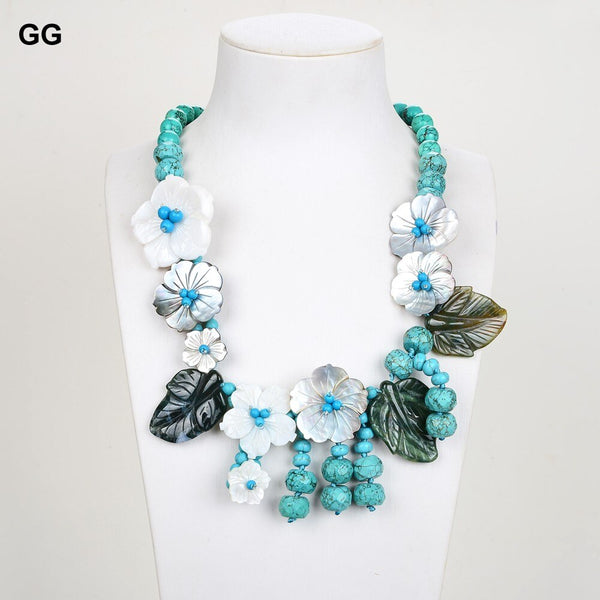 Jewelry Blue Green Turquoise Shell Flower Green Agate Leaf Necklace