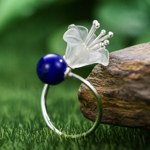 Real 925 Sterling Silver Natural Crystal Lapis Stone Handmade Fine Jewelry Nice Flower Adjustable Rings for Women Gift