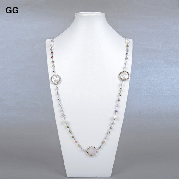 Jewelry White Coin Pearl Mixed Color Cz Pave Chain Long Necklace Trendy Gold Color Chain For Women Charm Jewelry