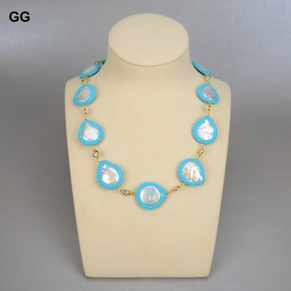 Jewelry Natural White Coin Pearl Blue Crystal Pave Cz Necklace Gold Color Plated For Women