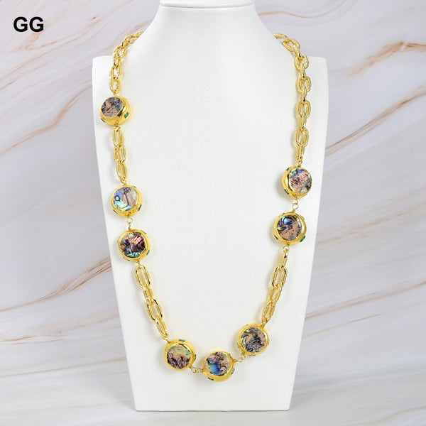 Jewelry Natural Rainbow Color Abalone Shell Beads Gold Color Plated Chain Long Necklace