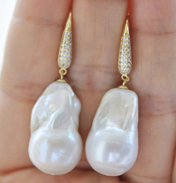 Natural Drop-Baroque Keshi Reborn Pearl Dangle Earring CZ
