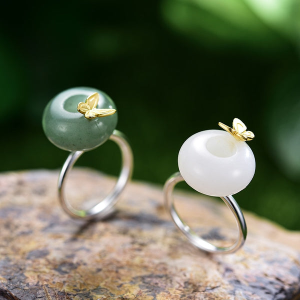 Real 925 Sterling Silver Natural Green Stone Creative Handmade Fine Jewelry Butterfly Adjustable  Rings for Women Gift